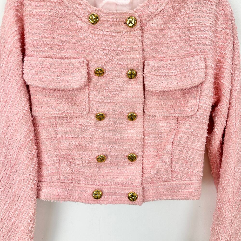LoveShackFancy Keiran Pink Tweed Blazer Jacket Relaxed Preppy Gold Buttons XS - Picture 16 of 16